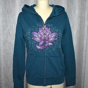 Rare Vintage Y2K Lucky Brand Teal Purple Lotus Peace Embroidered Boho Hoodie M